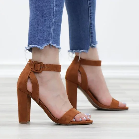 Faux Suede Open Toe Block High Heel Sandals - Picture 5 of 12